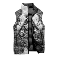 Odin and Skull Warrior Norse Mythology Sleeveless Puffer Jacket Viking Black and White Engraved Stone Art