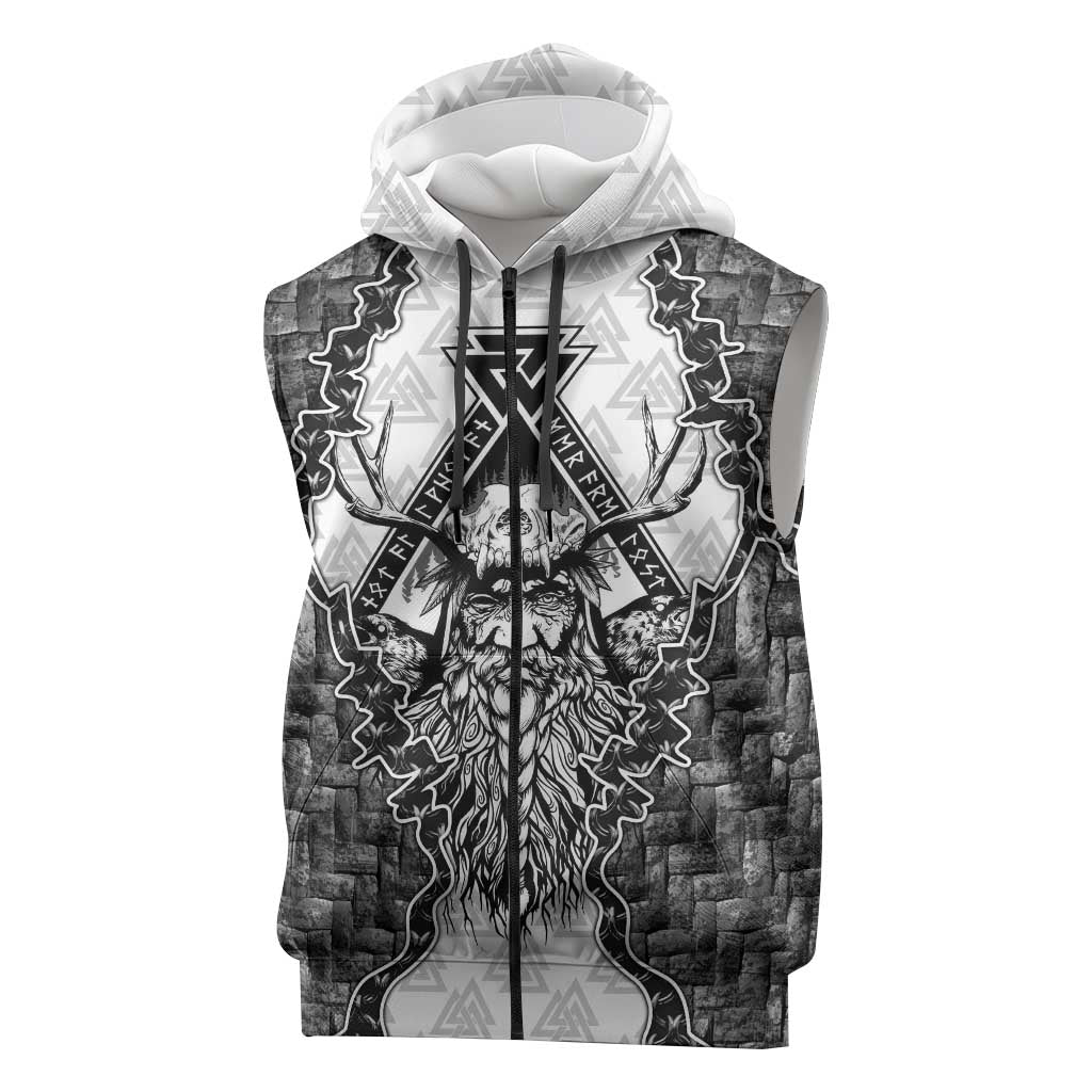 Odin and Skull Warrior Norse Mythology Sleeveless Zip Hoodie Viking Black and White Engraved Stone Art