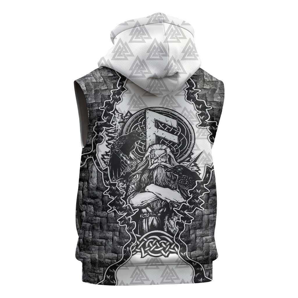 Odin and Skull Warrior Norse Mythology Sleeveless Zip Hoodie Viking Black and White Engraved Stone Art