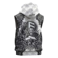 Odin and Skull Warrior Norse Mythology Sleeveless Zip Hoodie Viking Black and White Engraved Stone Art