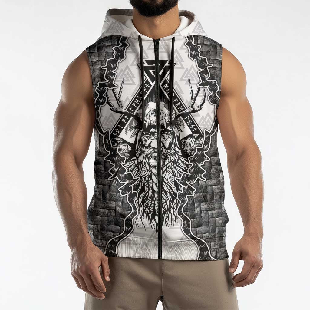 Odin and Skull Warrior Norse Mythology Sleeveless Zip Hoodie Viking Black and White Engraved Stone Art