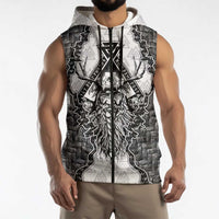 Odin and Skull Warrior Norse Mythology Sleeveless Zip Hoodie Viking Black and White Engraved Stone Art
