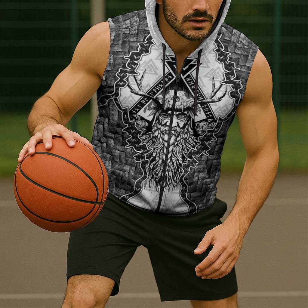 Odin and Skull Warrior Norse Mythology Sleeveless Zip Hoodie Viking Black and White Engraved Stone Art