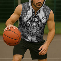 Odin and Skull Warrior Norse Mythology Sleeveless Zip Hoodie Viking Black and White Engraved Stone Art