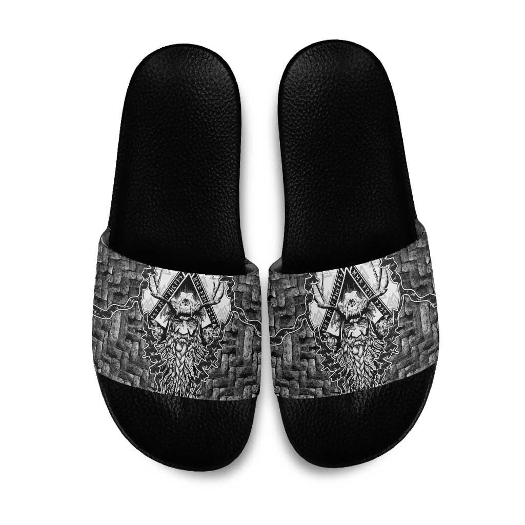 Odin and Skull Warrior Norse Mythology Slide Sandals Viking Black and White Engraved Stone Art