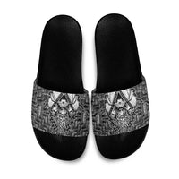 Odin and Skull Warrior Norse Mythology Slide Sandals Viking Black and White Engraved Stone Art