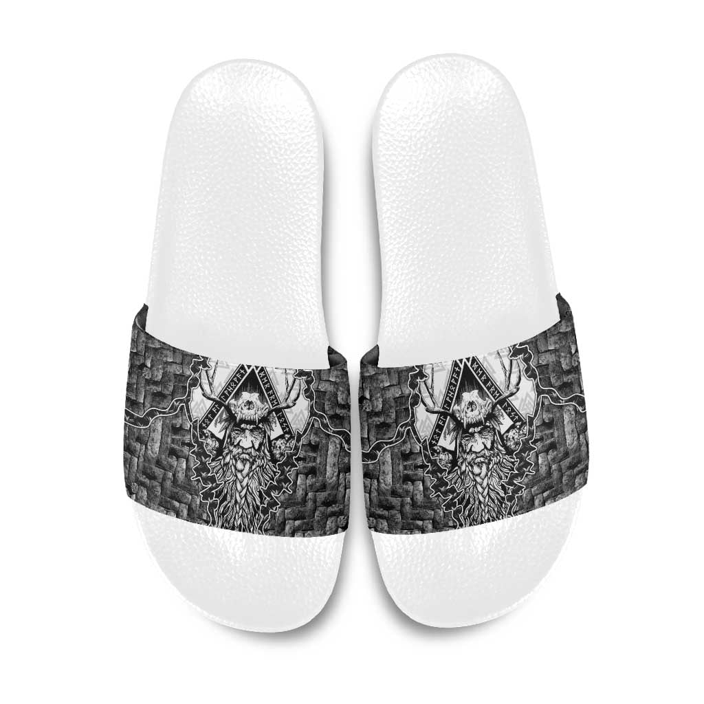 Odin and Skull Warrior Norse Mythology Slide Sandals Viking Black and White Engraved Stone Art