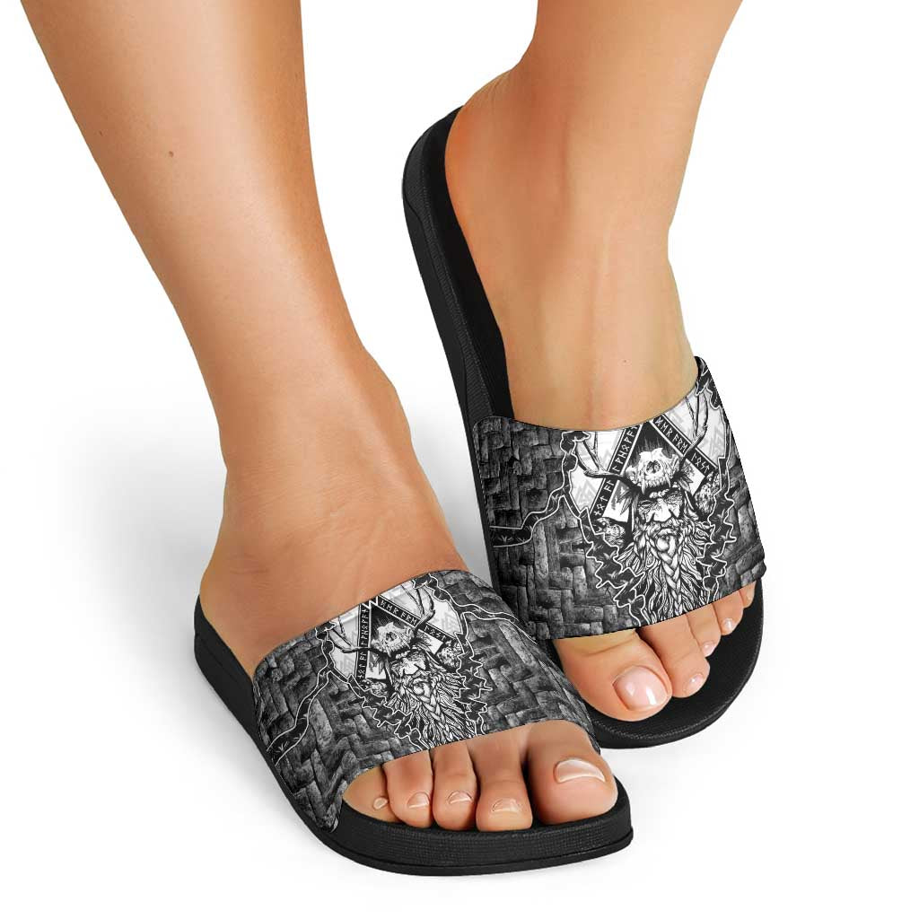 Odin and Skull Warrior Norse Mythology Slide Sandals Viking Black and White Engraved Stone Art