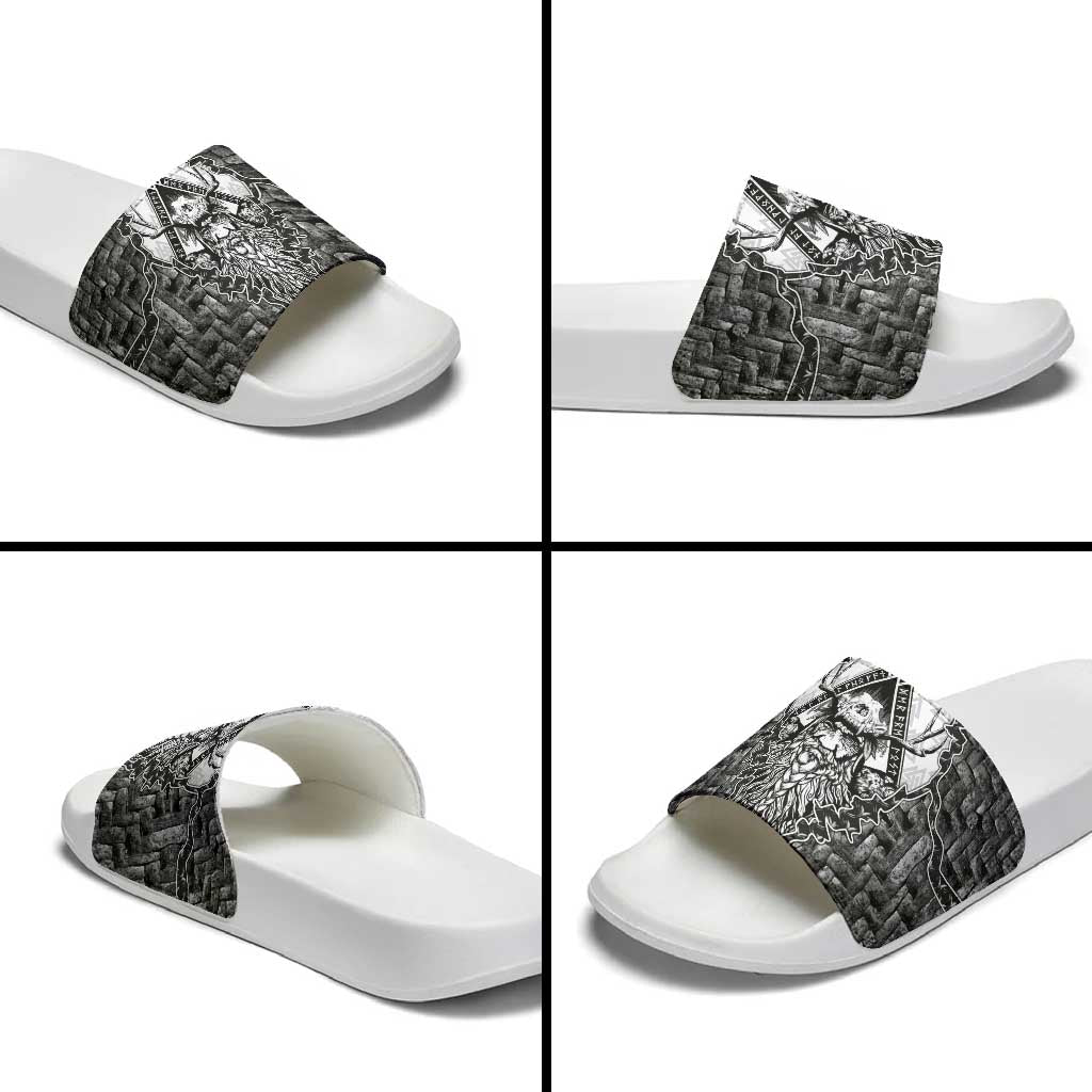 Odin and Skull Warrior Norse Mythology Slide Sandals Viking Black and White Engraved Stone Art