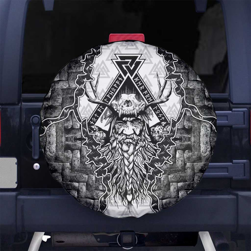 Odin and Skull Warrior Norse Mythology Spare Tire Cover Viking Black and White Engraved Stone Art