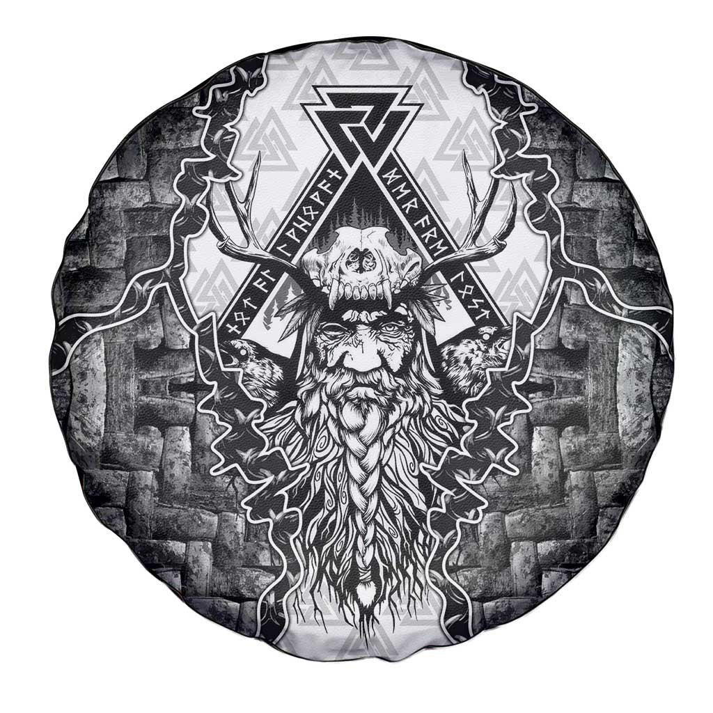 Odin and Skull Warrior Norse Mythology Spare Tire Cover Viking Black and White Engraved Stone Art