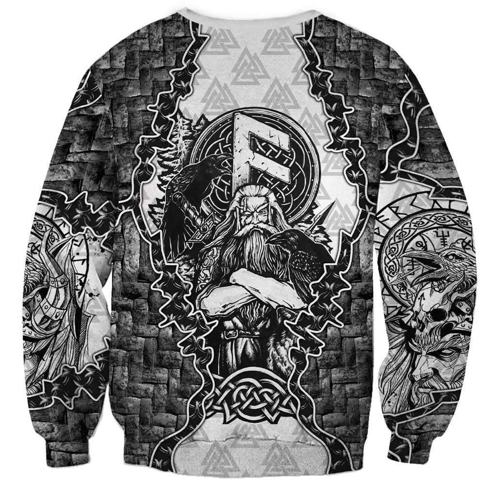 Odin and Skull Warrior Norse Mythology Sweatshirt Viking Black and White Engraved Stone Art