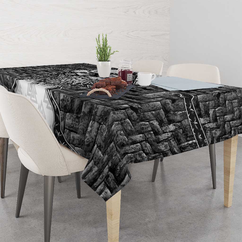 Odin and Skull Warrior Norse Mythology Tablecloth Viking Black and White Engraved Stone Art