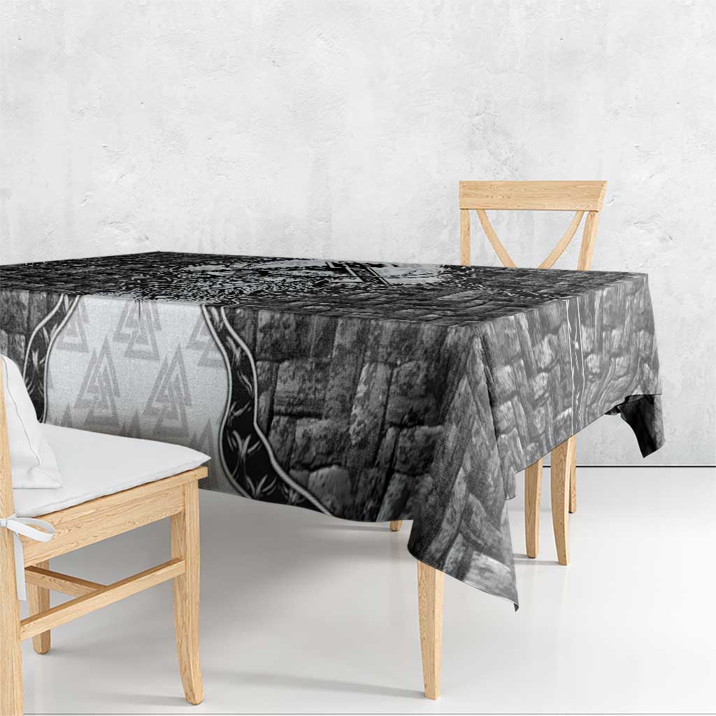Odin and Skull Warrior Norse Mythology Tablecloth Viking Black and White Engraved Stone Art