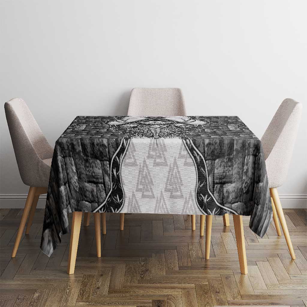 Odin and Skull Warrior Norse Mythology Tablecloth Viking Black and White Engraved Stone Art