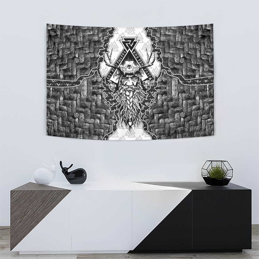 Odin and Skull Warrior Norse Mythology Tapestry Viking Black and White Engraved Stone Art