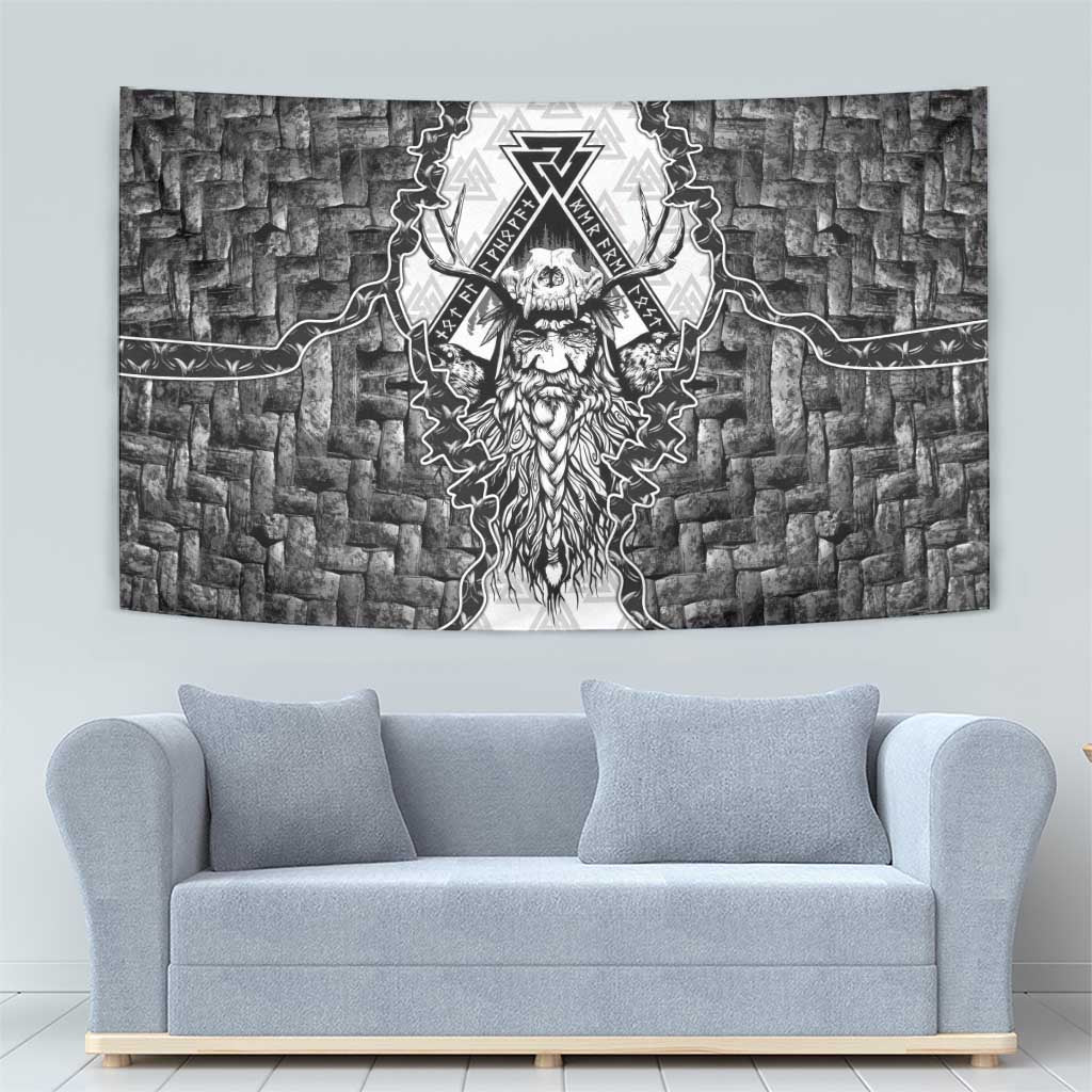 Odin and Skull Warrior Norse Mythology Tapestry Viking Black and White Engraved Stone Art