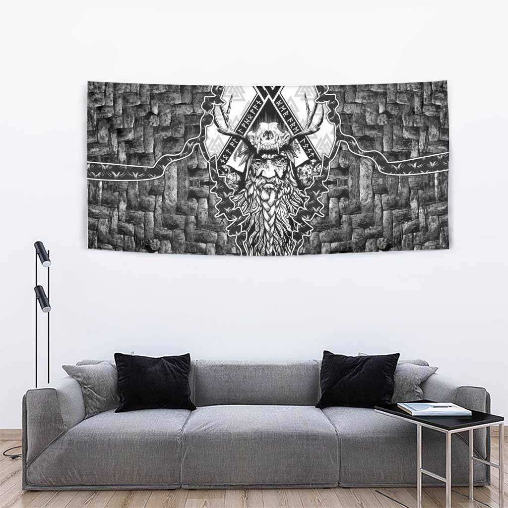 Odin and Skull Warrior Norse Mythology Tapestry Viking Black and White Engraved Stone Art