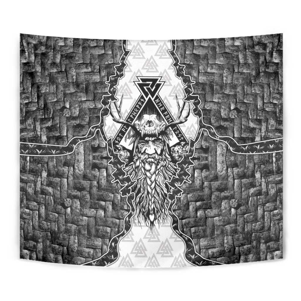 Odin and Skull Warrior Norse Mythology Tapestry Viking Black and White Engraved Stone Art