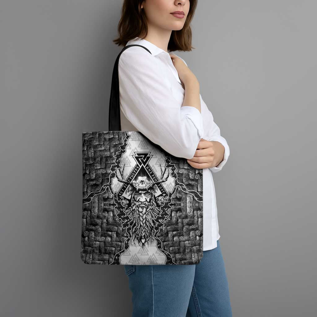Odin and Skull Warrior Norse Mythology Tote Bag Viking Black and White Engraved Stone Art