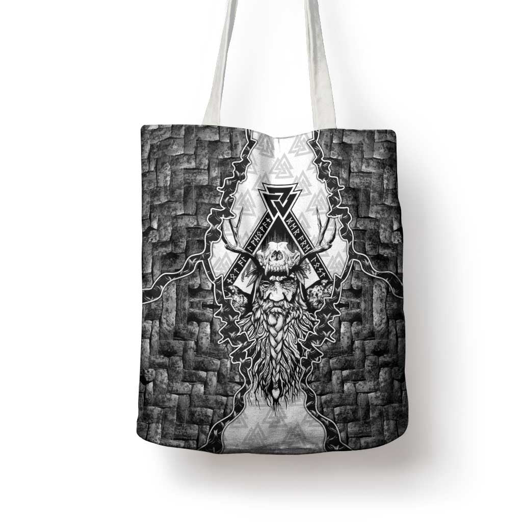 Odin and Skull Warrior Norse Mythology Tote Bag Viking Black and White Engraved Stone Art