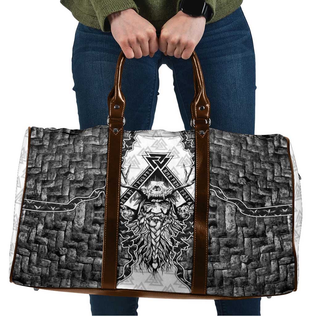 Odin and Skull Warrior Norse Mythology Travel Bag Viking Black and White Engraved Stone Art