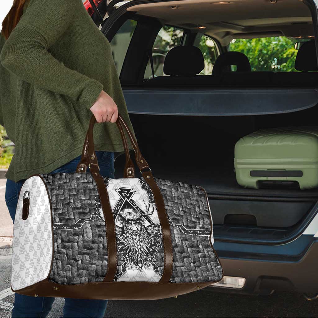 Odin and Skull Warrior Norse Mythology Travel Bag Viking Black and White Engraved Stone Art