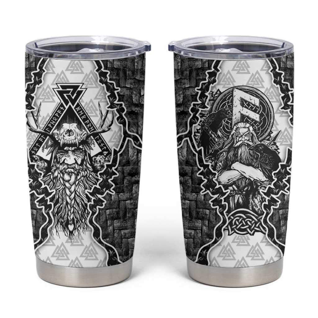 Odin and Skull Warrior Norse Mythology Tumbler Cup Viking Black and White Engraved Stone Art