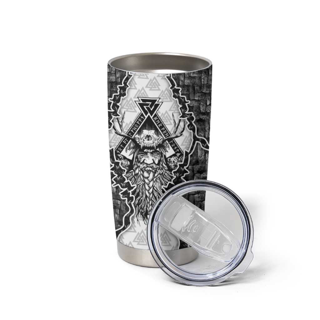 Odin and Skull Warrior Norse Mythology Tumbler Cup Viking Black and White Engraved Stone Art