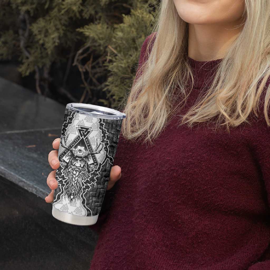 Odin and Skull Warrior Norse Mythology Tumbler Cup Viking Black and White Engraved Stone Art
