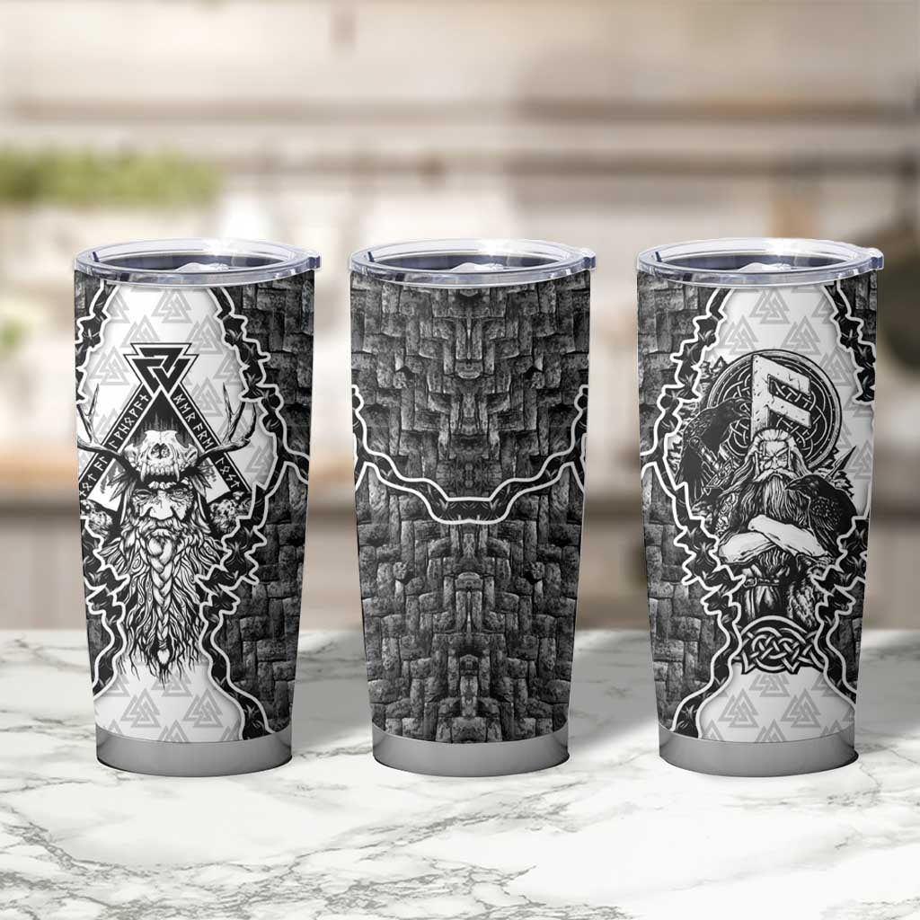 Odin and Skull Warrior Norse Mythology Tumbler Cup Viking Black and White Engraved Stone Art