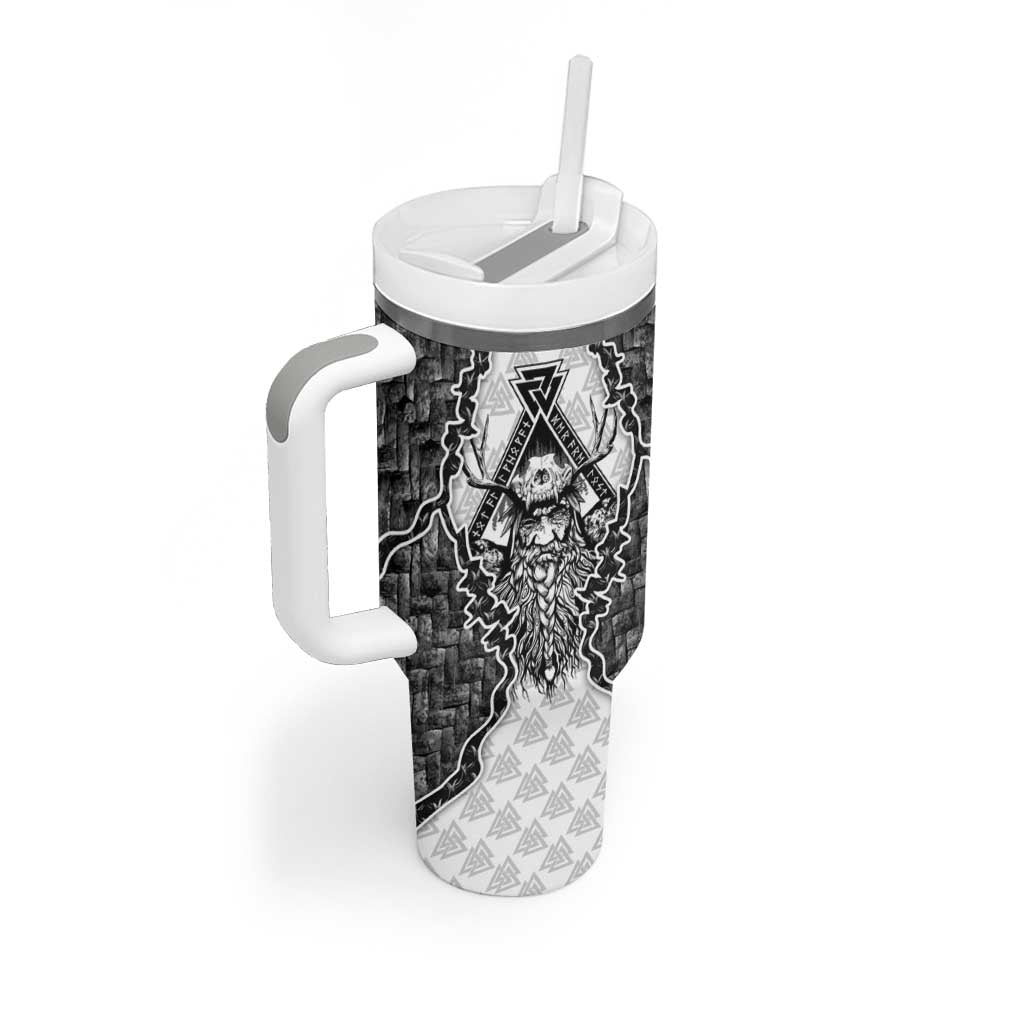 Odin and Skull Warrior Norse Mythology Tumbler With Handle Viking Black and White Engraved Stone Art