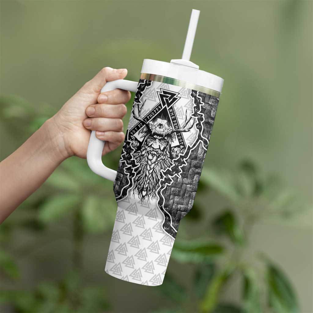Odin and Skull Warrior Norse Mythology Tumbler With Handle Viking Black and White Engraved Stone Art