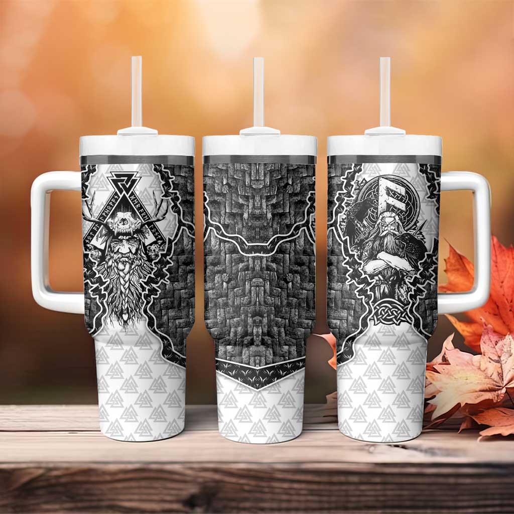 Odin and Skull Warrior Norse Mythology Tumbler With Handle Viking Black and White Engraved Stone Art