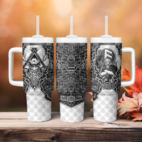 Odin and Skull Warrior Norse Mythology Tumbler With Handle Viking Black and White Engraved Stone Art