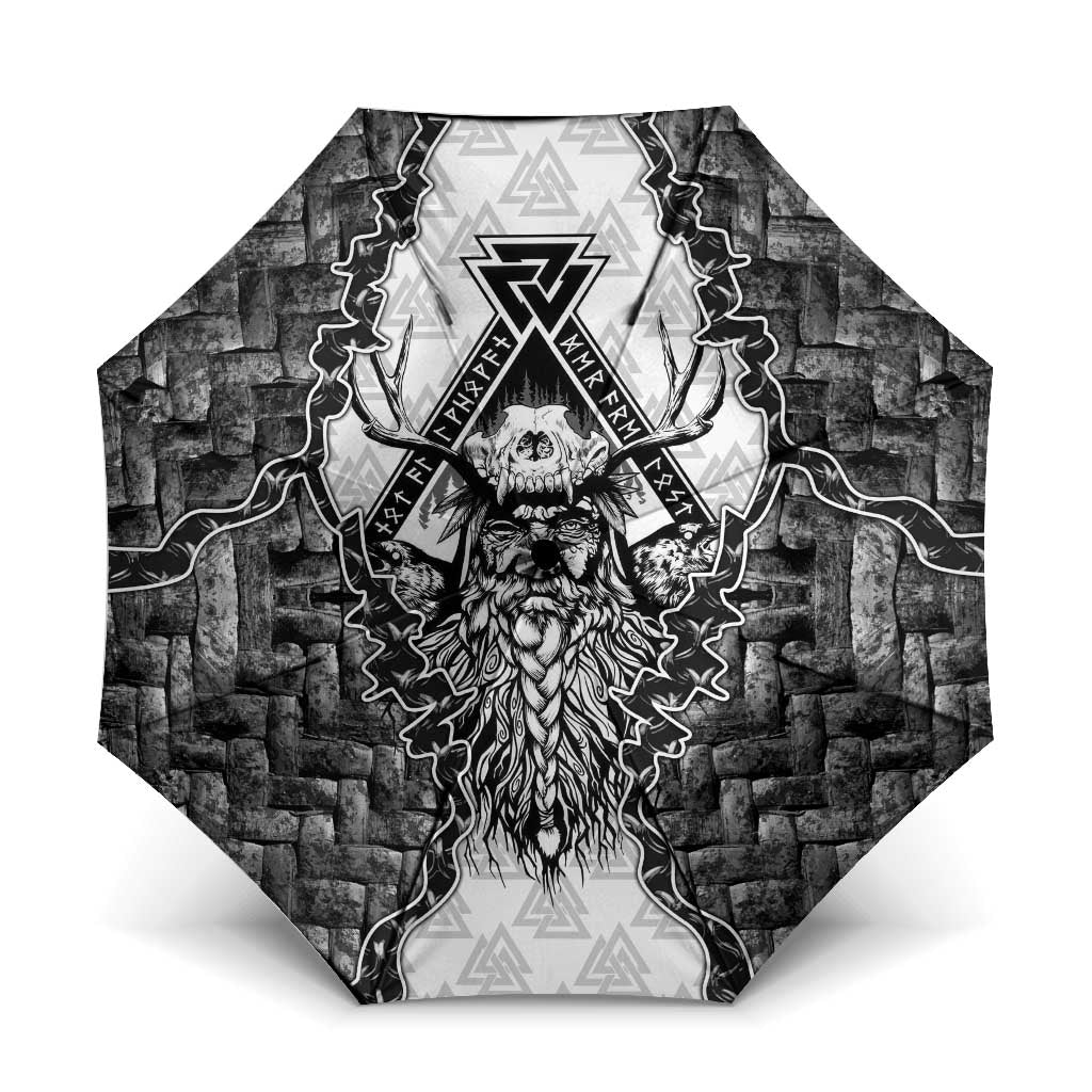 Odin and Skull Warrior Norse Mythology Umbrella Viking Black and White Engraved Stone Art