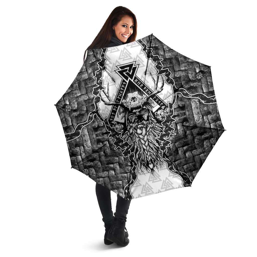 Odin and Skull Warrior Norse Mythology Umbrella Viking Black and White Engraved Stone Art
