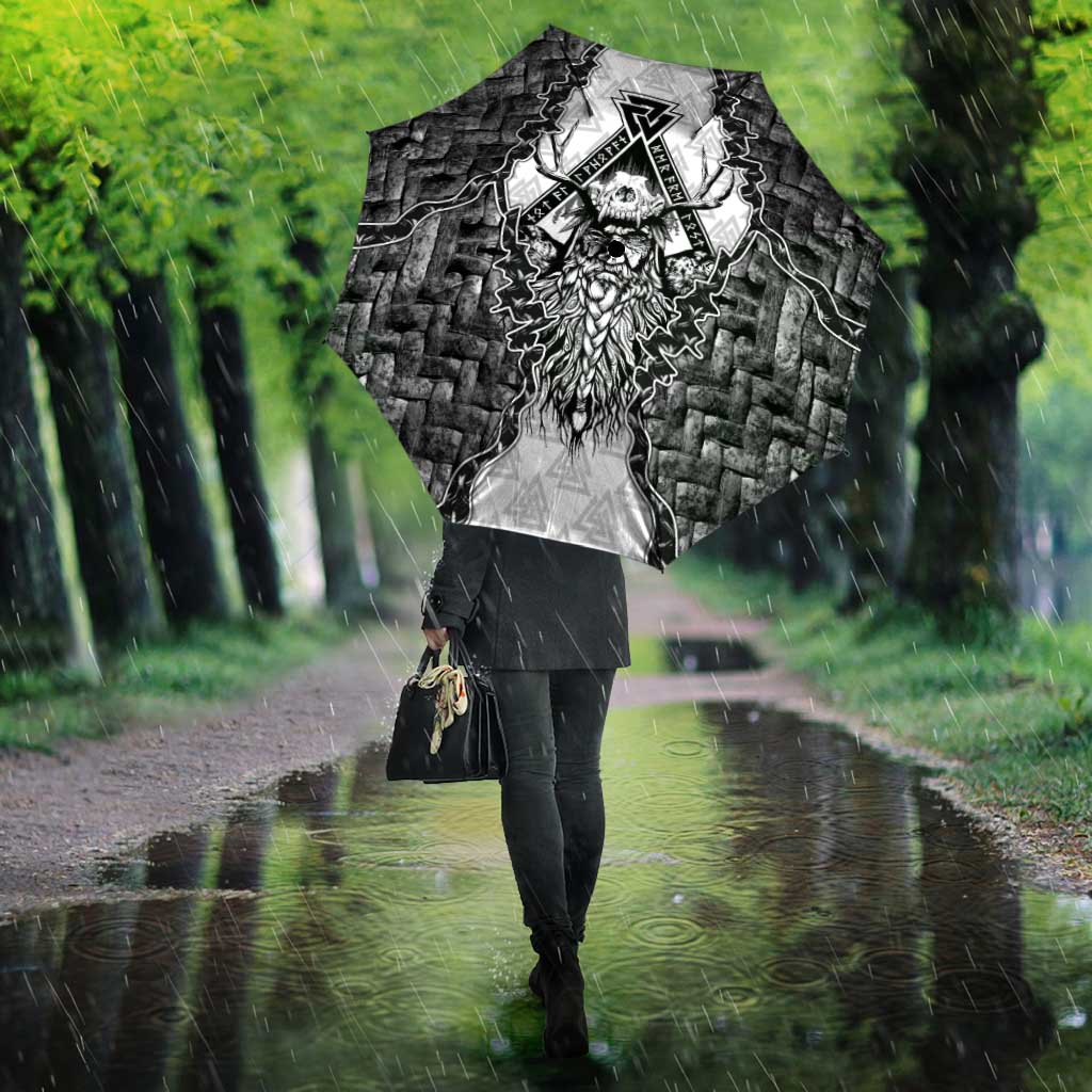 Odin and Skull Warrior Norse Mythology Umbrella Viking Black and White Engraved Stone Art