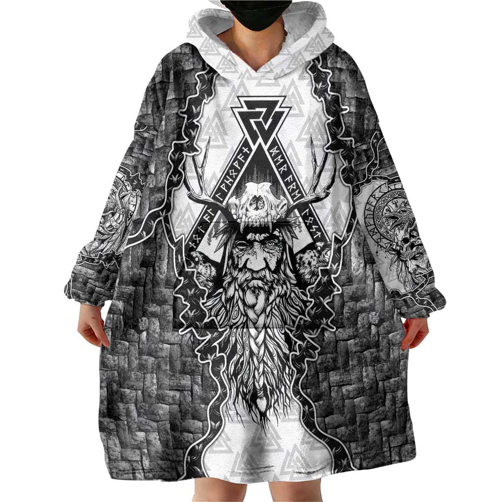 Odin and Skull Warrior Norse Mythology Wearable Blanket Hoodie Viking Black and White Engraved Stone Art