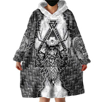 Odin and Skull Warrior Norse Mythology Wearable Blanket Hoodie Viking Black and White Engraved Stone Art