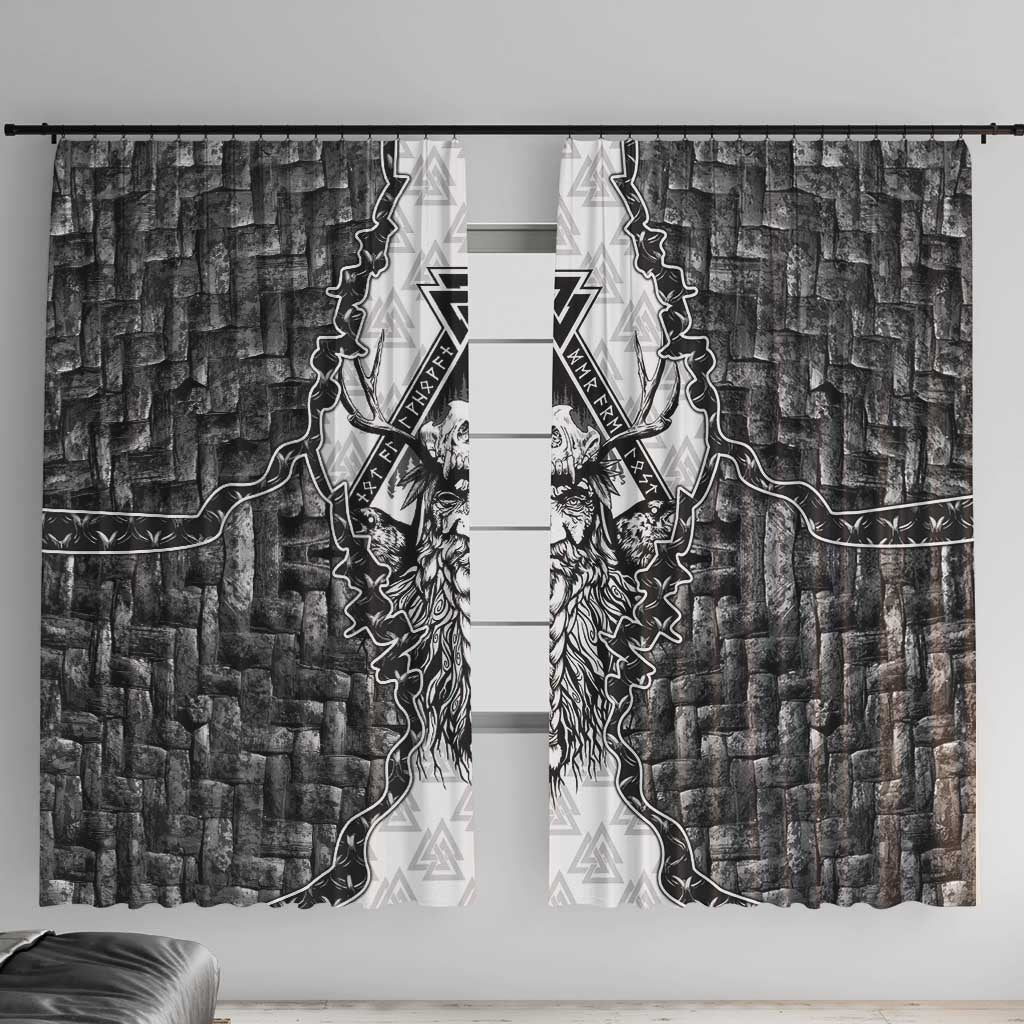 Odin and Skull Warrior Norse Mythology Window Curtain Viking Black and White Engraved Stone Art