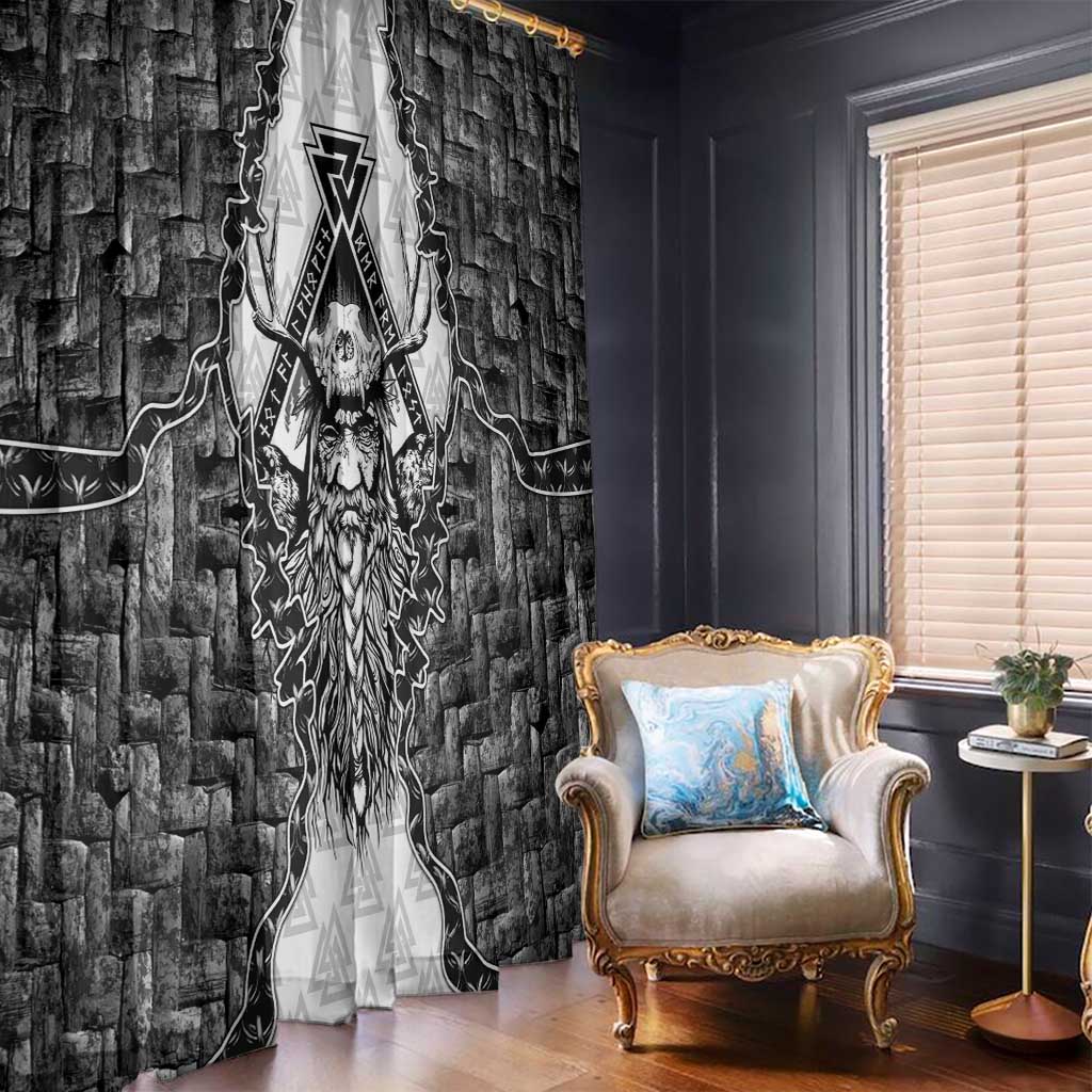 Odin and Skull Warrior Norse Mythology Window Curtain Viking Black and White Engraved Stone Art