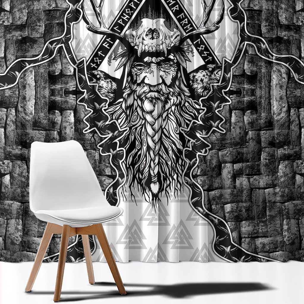 Odin and Skull Warrior Norse Mythology Window Curtain Viking Black and White Engraved Stone Art