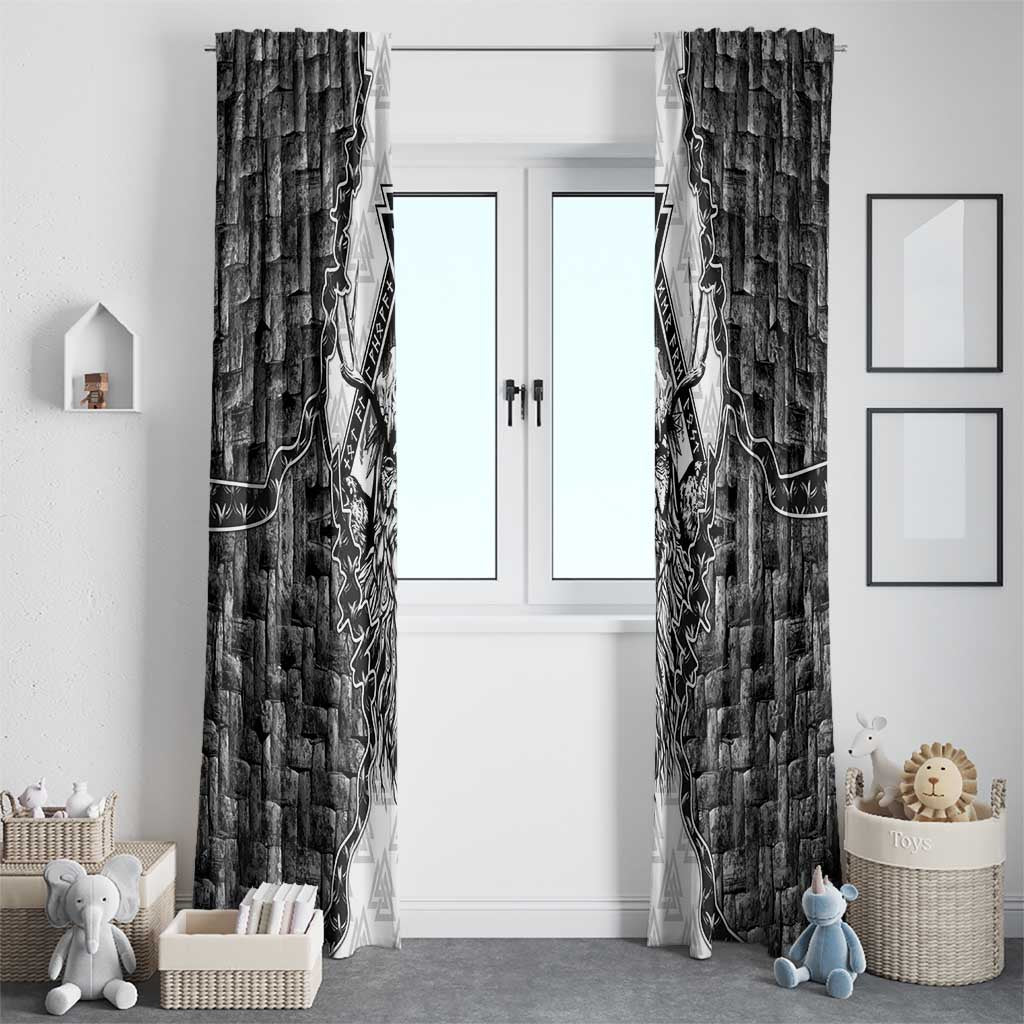 Odin and Skull Warrior Norse Mythology Window Curtain Viking Black and White Engraved Stone Art