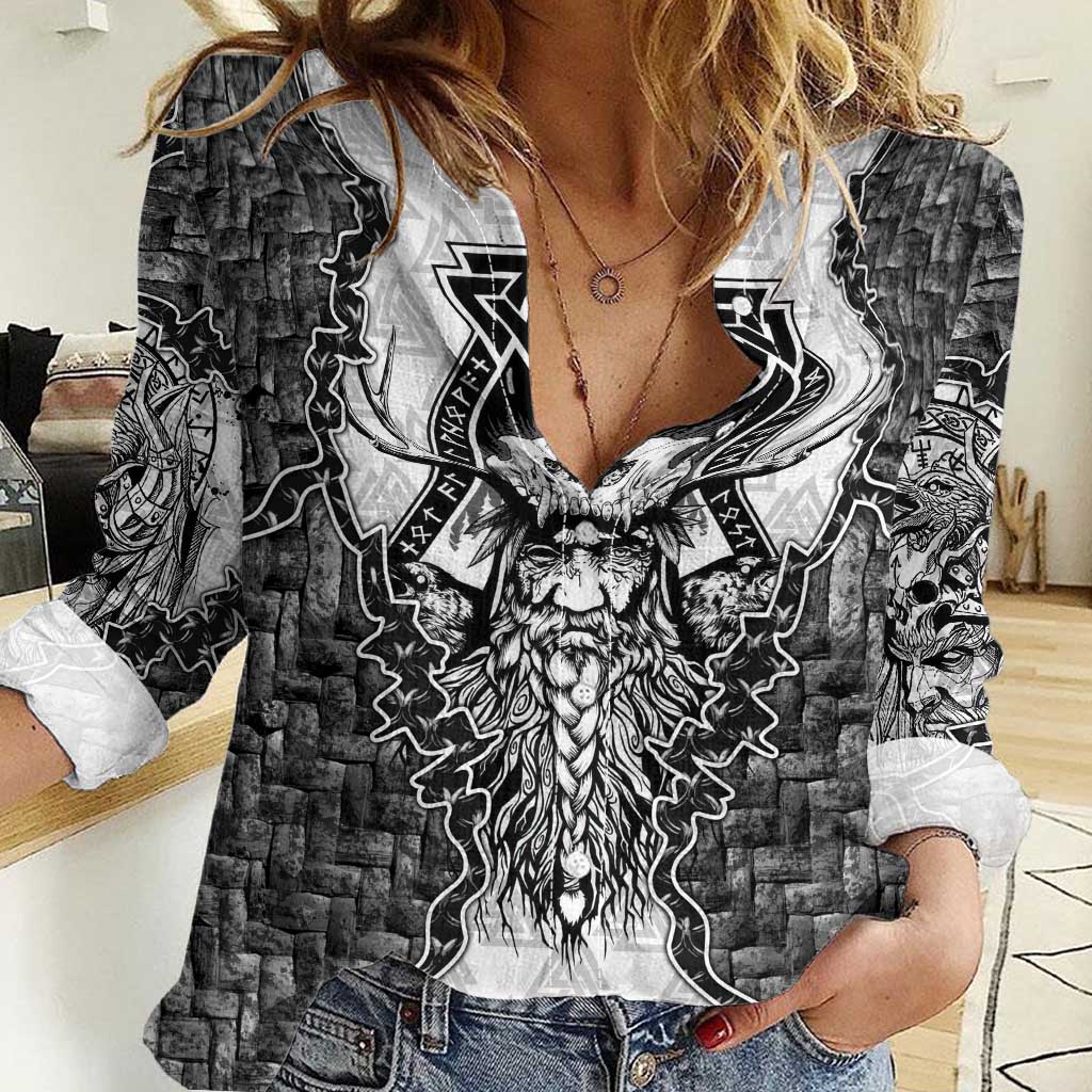 Odin and Skull Warrior Norse Mythology Women Casual Shirt Viking Black and White Engraved Stone Art