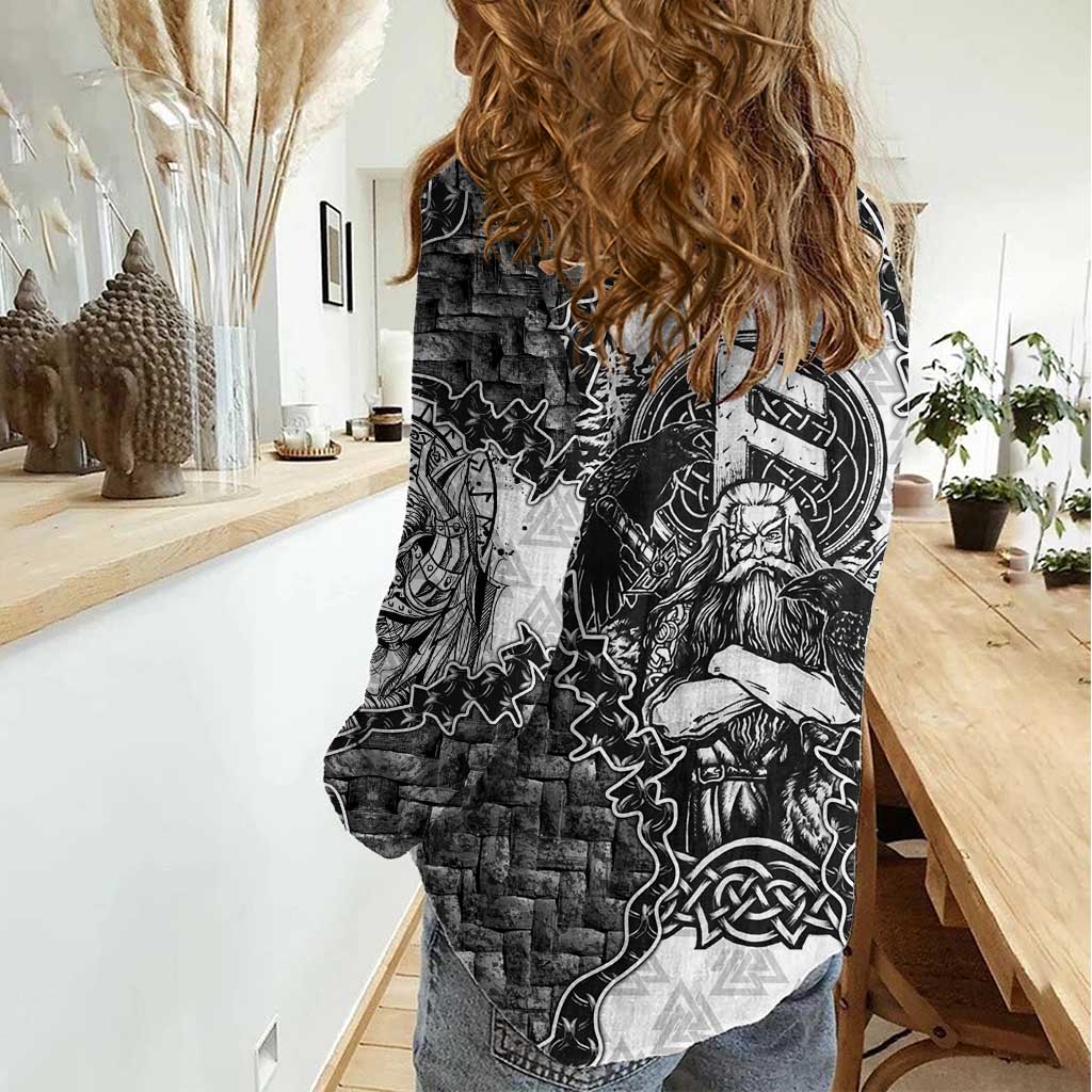 Odin and Skull Warrior Norse Mythology Women Casual Shirt Viking Black and White Engraved Stone Art