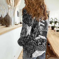 Odin and Skull Warrior Norse Mythology Women Casual Shirt Viking Black and White Engraved Stone Art