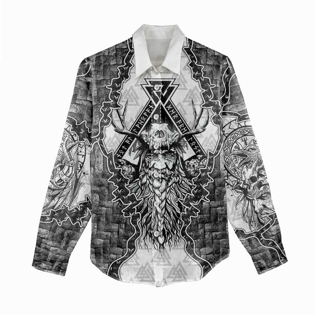 Odin and Skull Warrior Norse Mythology Women Casual Shirt Viking Black and White Engraved Stone Art