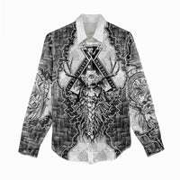 Odin and Skull Warrior Norse Mythology Women Casual Shirt Viking Black and White Engraved Stone Art
