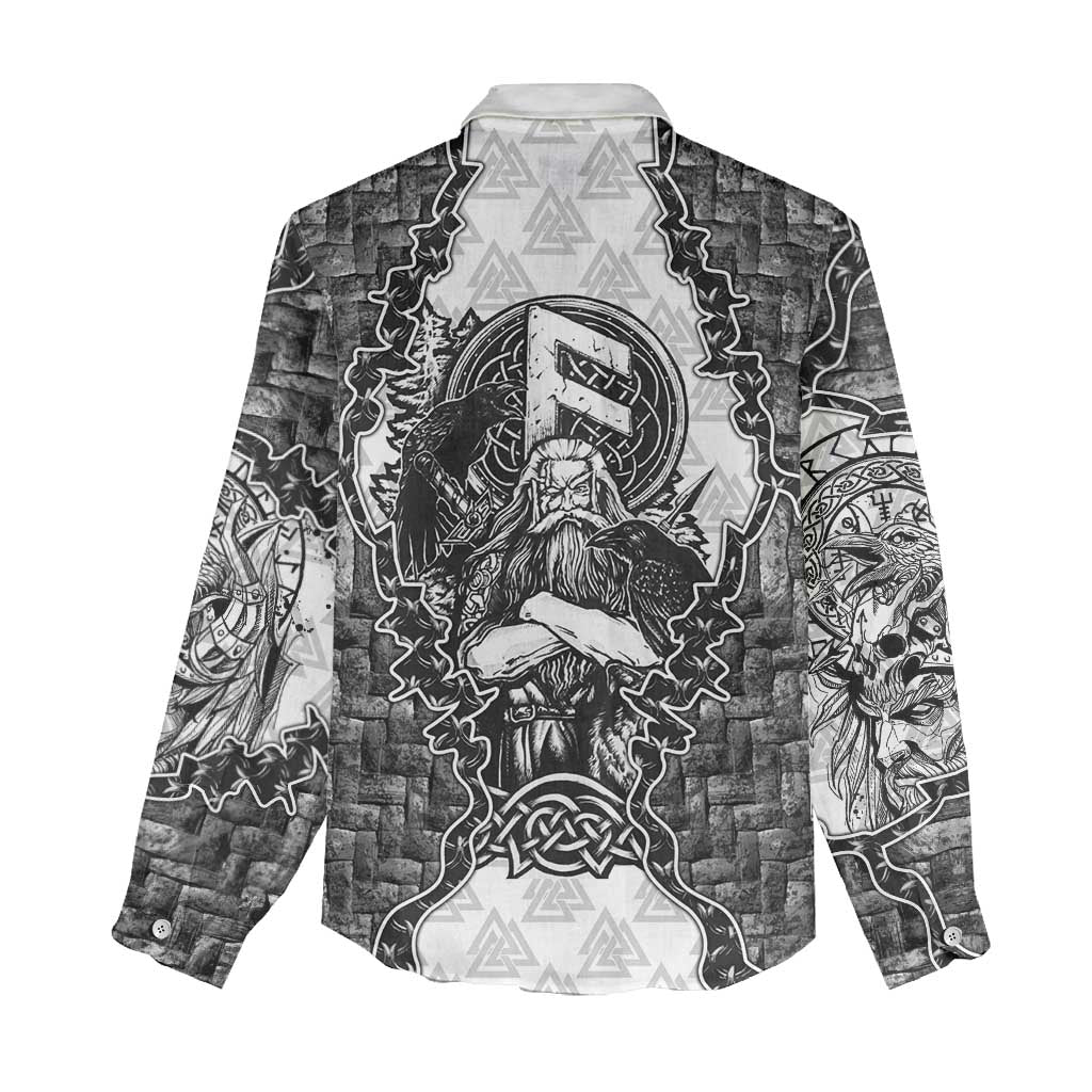 Odin and Skull Warrior Norse Mythology Women Casual Shirt Viking Black and White Engraved Stone Art
